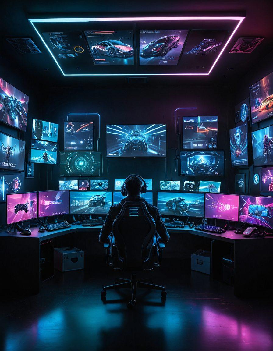 A dynamic scene of a gamer in a high-tech gaming room, immersed in playing on multiple screens displaying online insurance solutions, with digital shields and locks symbolizing security around him. The room is illuminated with LED lights, reflecting a cyberpunk ambiance. Add elements like gaming controllers, insurance documents, and a holographic display showing policy options for a gamer. super-realistic. vibrant colors. cyberpunk.