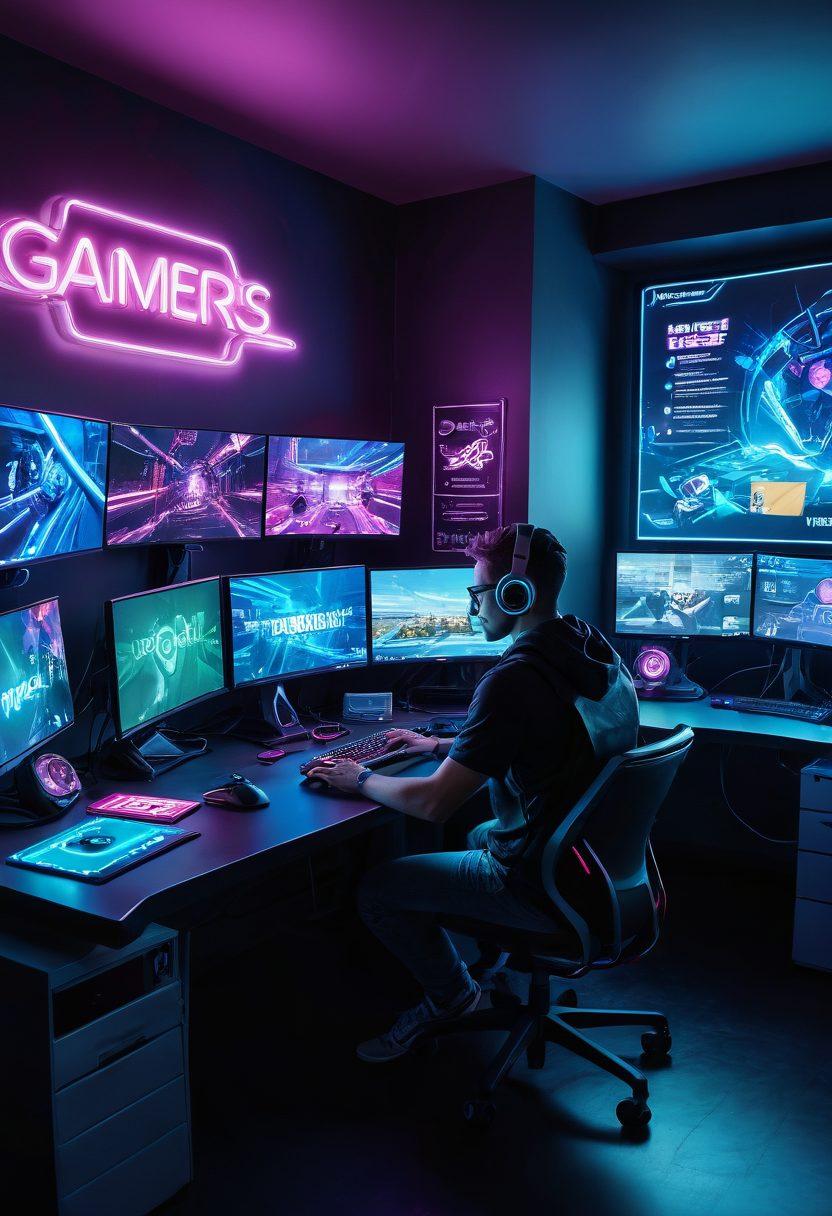 A futuristic gamer sitting at a sleek desk, surrounded by multiple monitors displaying insurance options and gaming statistics. The room is adorned with vibrant neon lights and gaming memorabilia, creating an immersive atmosphere. A digital avatar stands by, representing the concept of maximum coverage in a playful way. The gamer appears engaged and focused, symbolizing the crossover between gaming and smart financial decisions. super-realistic. vibrant colors. cyberpunk.