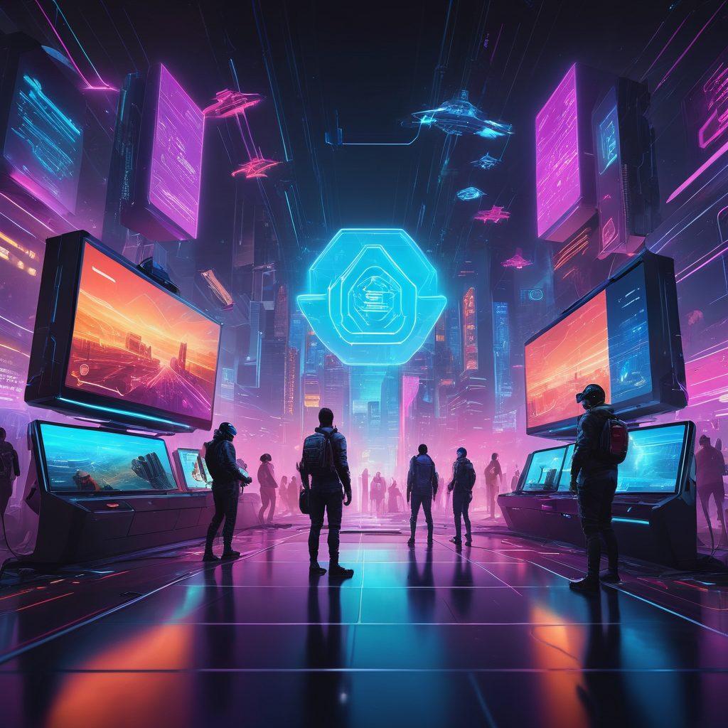 Create a dynamic digital illustration showcasing a futuristic gaming landscape filled with various insurance symbols like shields, checkmarks, and digital contracts. Feature a diverse group of gamers interacting with advanced technology, illustrating their journey from claims to coverage in a vibrant pixelated environment. Include elements like virtual reality headsets, gaming consoles, and abstract data streams. Use a bright color palette and a blend of sleek cyberpunk styles. super-realistic. vibrant colors. cyberpunk.